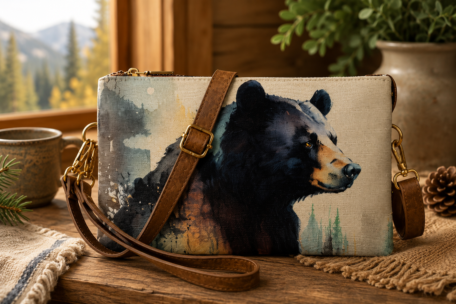 Canvas crossbody bag with watercolor black bear art and brown leather strap, styled on a rustic wood table with mountain view and pinecone — Anngoti