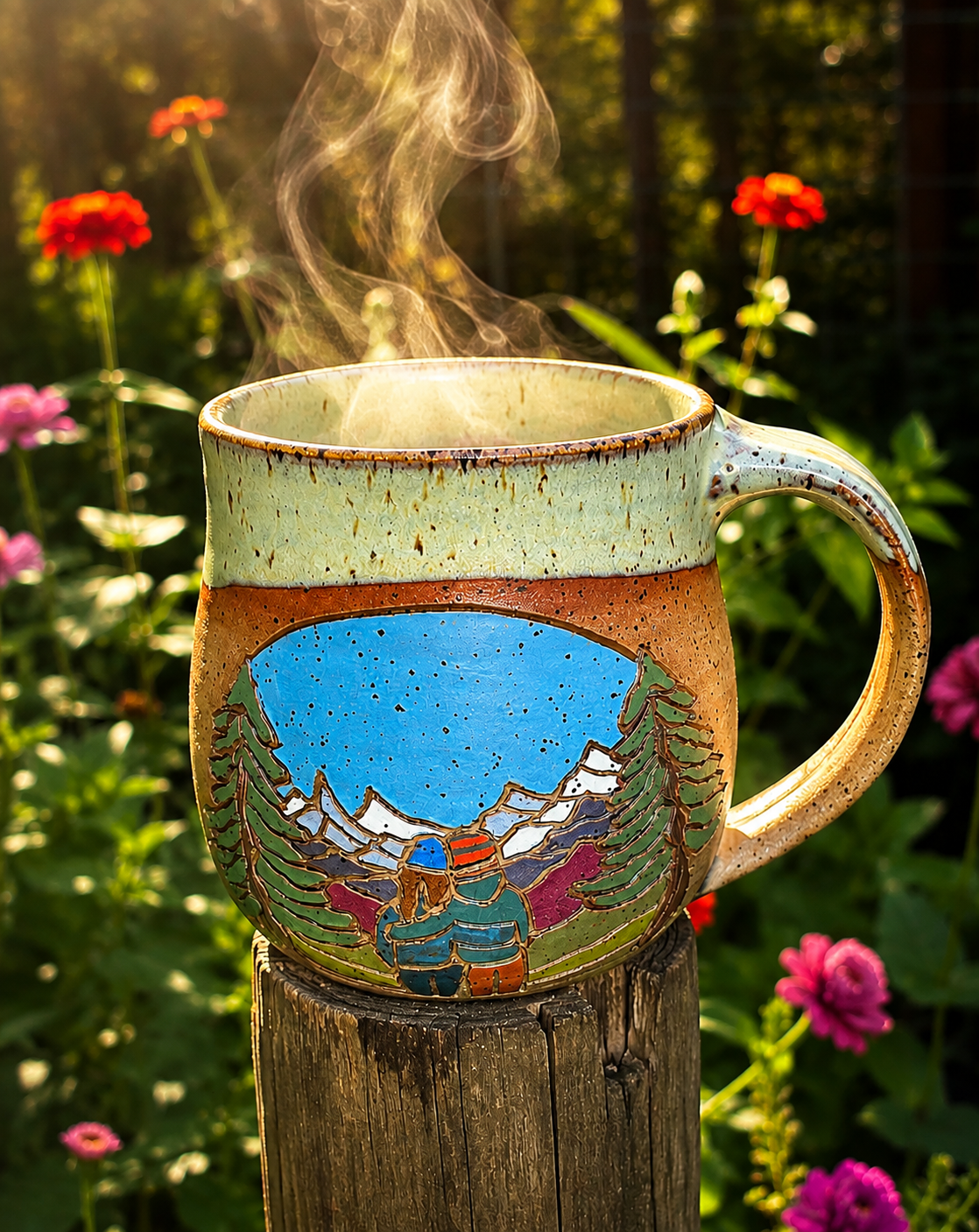 Forest Jeannie Pottery handmade stoneware mountain mug with steam rising, showing hand-carved couple gazing at mountain and pine tree scene, displayed on a wooden post in a sunlit flower garden