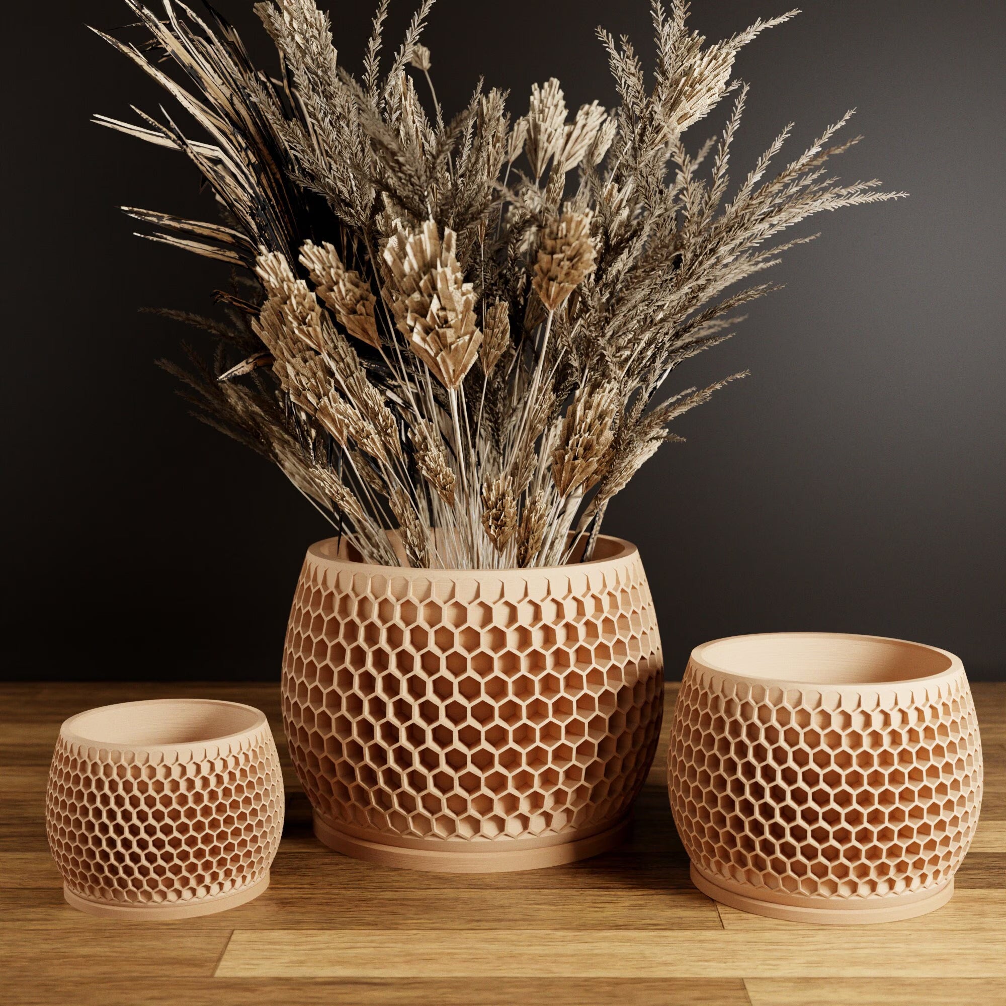 Wood Honeycomb Planter, Unique 3D Printed Plant Pot with Drainage & Saucer for Houseplants, 9 Color Options, Small to Large, 4 5 6 7 8 Inch