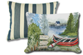 "Magnolia Casual pillow bundle showing Marina Stripe and Lake Canoe designs — navy stripe pillow paired with watercolor lake scene pillow featuring a red canoe, signpost, and lakeside cottage"