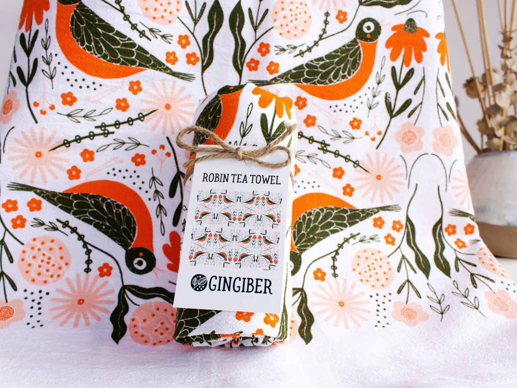 Gingiber Robin Bird Tea Towel | Artisan-Illustrated Cotton Kitchen Towel