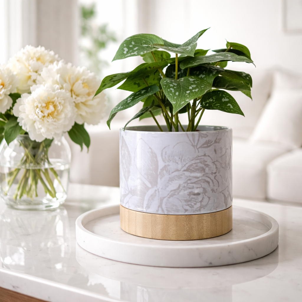 Petal & Print Ceramic Planter with Bamboo Tray 2 Designs MADE IN USA