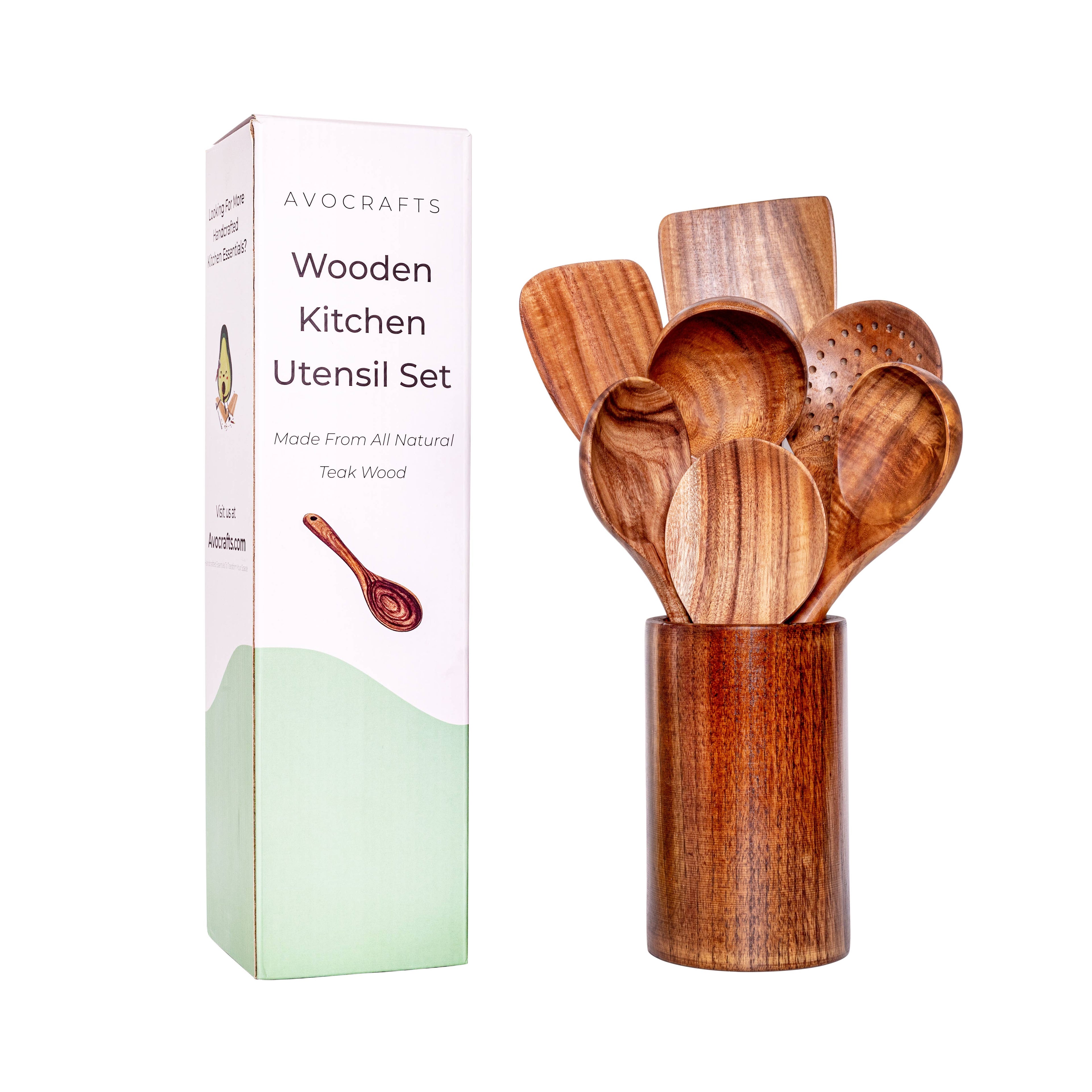 Teak Wood Handmade Kitchen Utensil Set with Holder | 7-Piece | Includes FREE Handmade Bowl Cozy