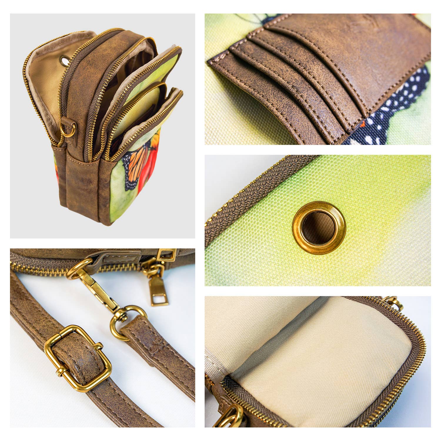 "ANNGOTI Indigo Sketch Cellphone Bag interior detail — showing three zippered compartments, four card slots, headphone port, and antique brass hardware"