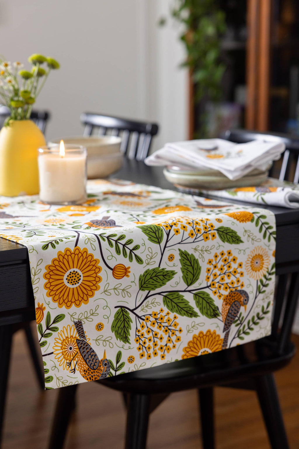 Gingiber Mums & Robins Table Runner | Artisan-Illustrated Cotton Table Decor