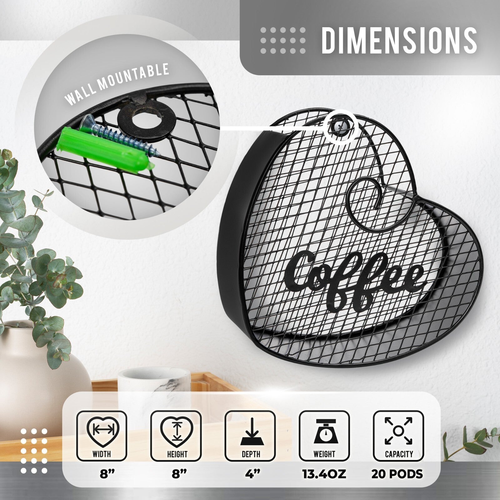 Made Easy Kit Coffee Pod Organizer, Coffee Bar Functional Décor, Black Heart