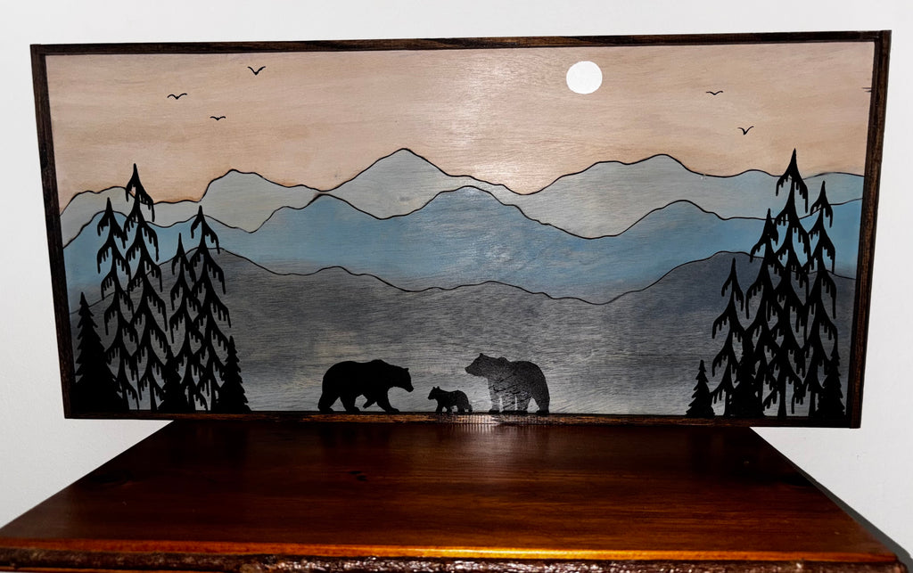 Framed bear family mountain scene wall art with oak strip frame, handcrafted by Darren Segool of Adirondack Art Co.