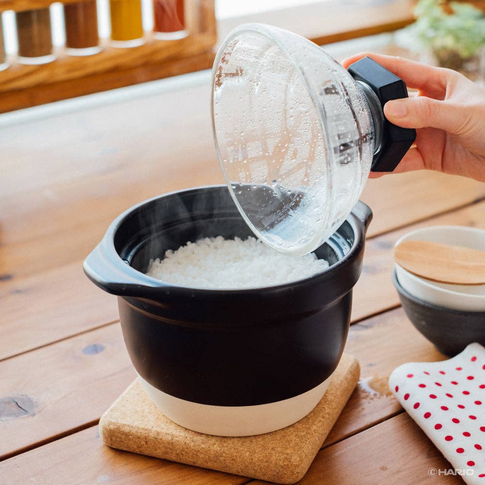 Gohan Gama Ceramic Rice Cooker with Glass Lid & Whistle, Made in Japan — Hario