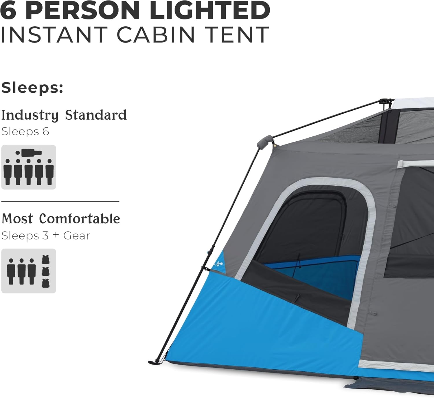 Instant Cabin Tents with LED Lights | 6 Person / 9 Person / 12 Person Family Multi Room Lighted Pop up Tents for Camping | Included Storage Pockets for Camping Accessories