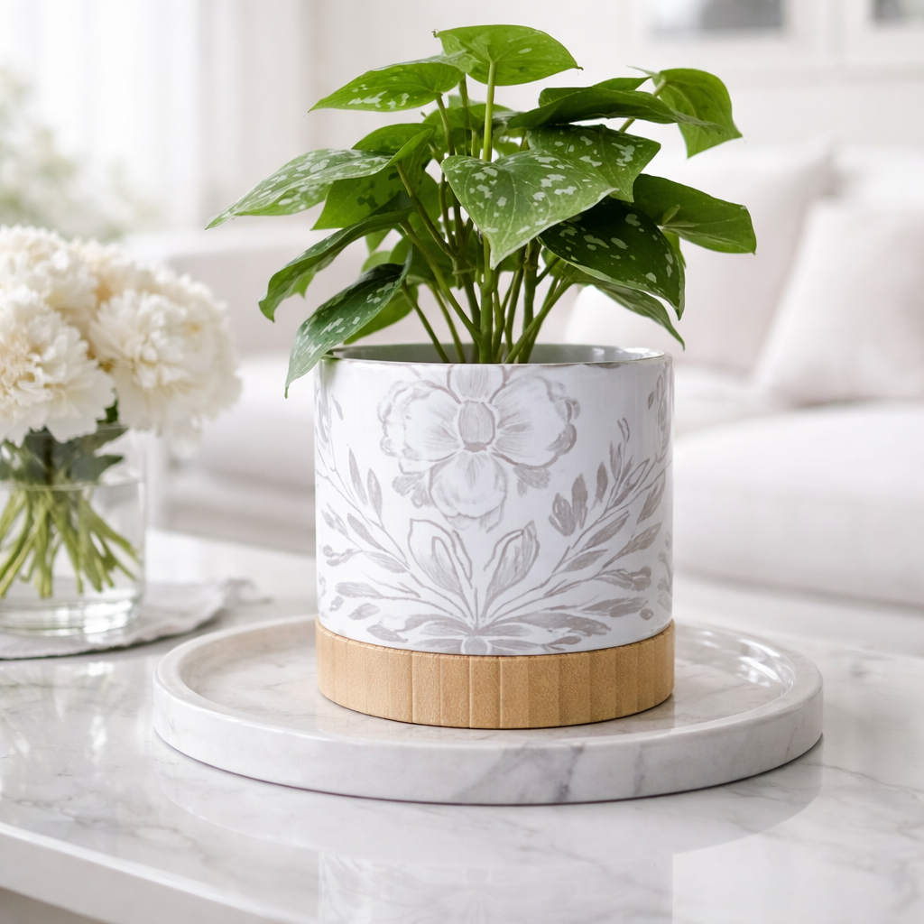 Petal & Print Ceramic Planter with Bamboo Tray 2 Designs MADE IN USA