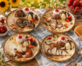  Set of 4 Maple Grove earthenware dessert plates styled with ice cream sundaes on a blue gingham tablecloth, each plate featuring a different woodland animal — raccoon, owl, fox, and deer with fall foliage