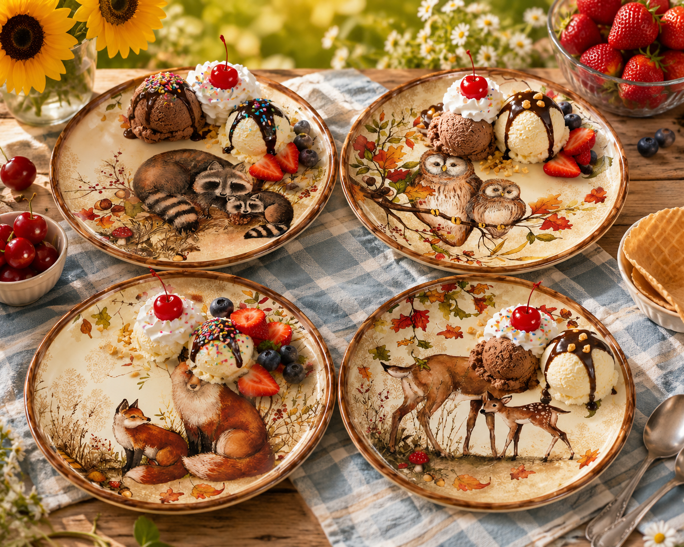  Set of 4 Maple Grove earthenware dessert plates styled with ice cream sundaes on a blue gingham tablecloth, each plate featuring a different woodland animal — raccoon, owl, fox, and deer with fall foliage