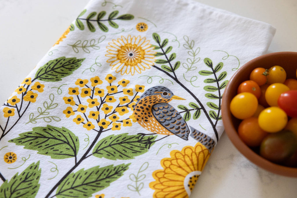 Gingiber Mums & Robins Tea Towel | Artisan-Illustrated Cotton Kitchen Towel