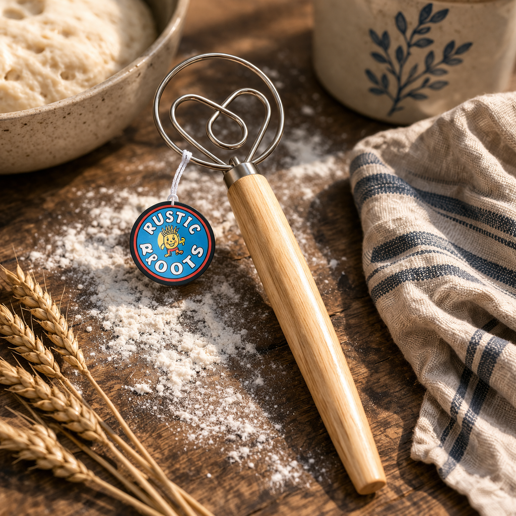 13" Danish Dough Whisk with Wood Handle – Heart-Shaped Artisan Bread Tool