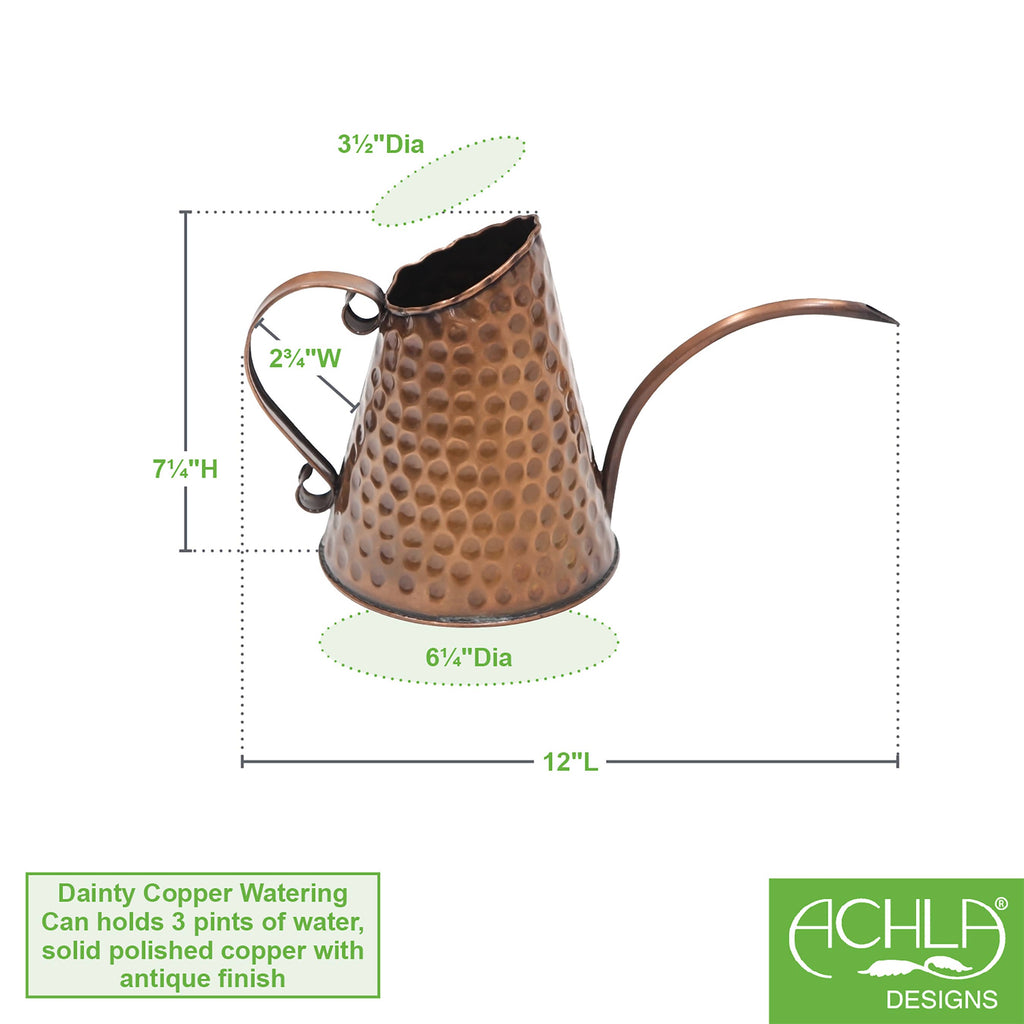 ACHLA Designs hammered copper watering can dimensions diagram showing 12 inches long, 7¼ inches tall, 6¼ inch base diameter, and 3½ inch opening — holds 3 pints
