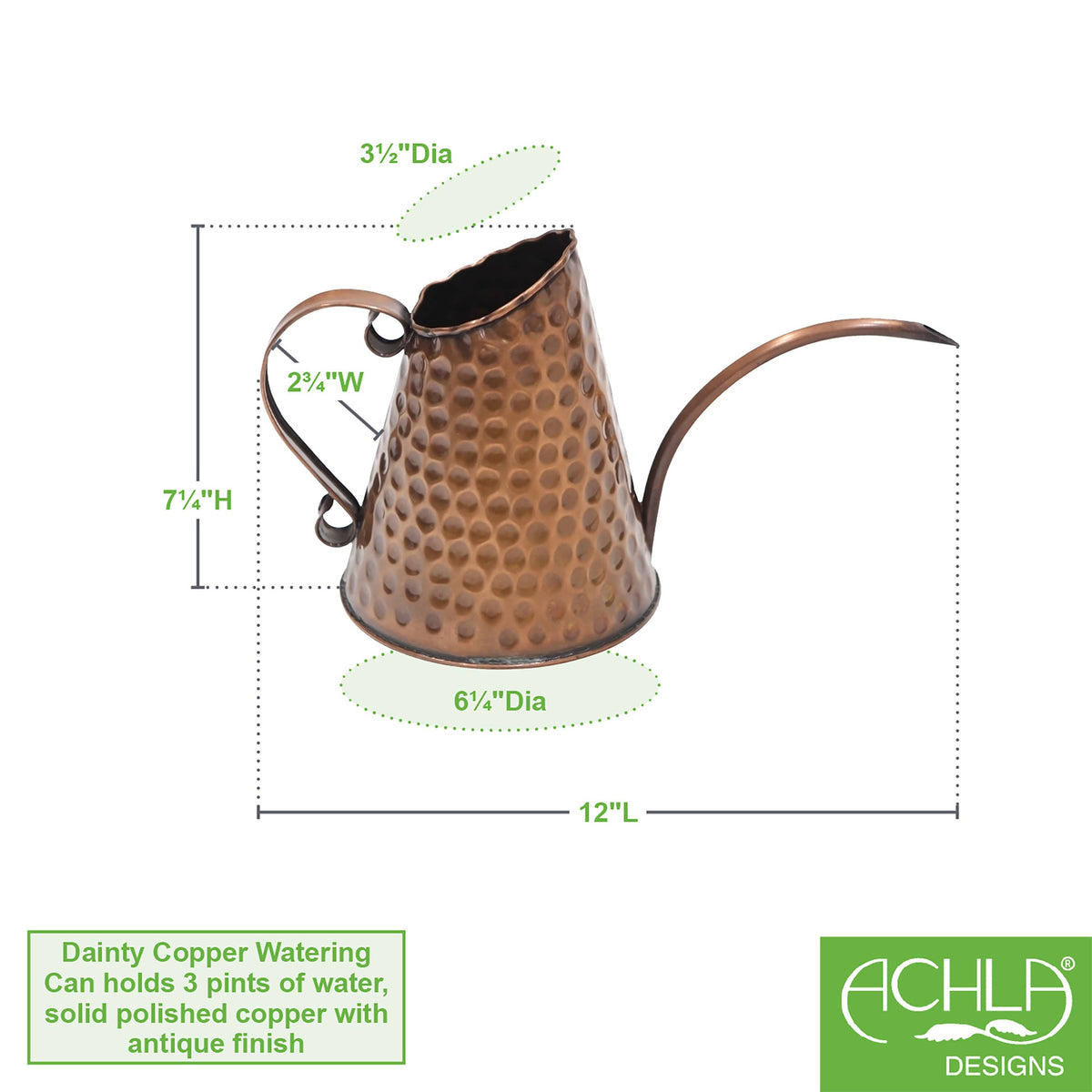 ACHLA Designs hammered copper watering can dimensions diagram showing 12 inches long, 7¼ inches tall, 6¼ inch base diameter, and 3½ inch opening — holds 3 pints