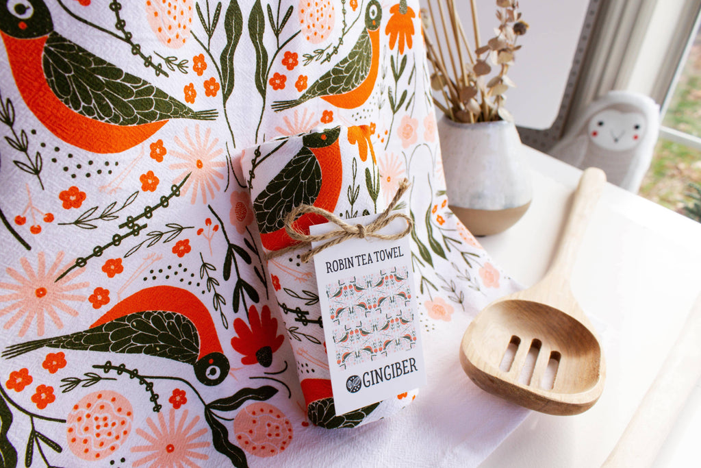 Gingiber Robin Bird Tea Towel | Artisan-Illustrated Cotton Kitchen Towel