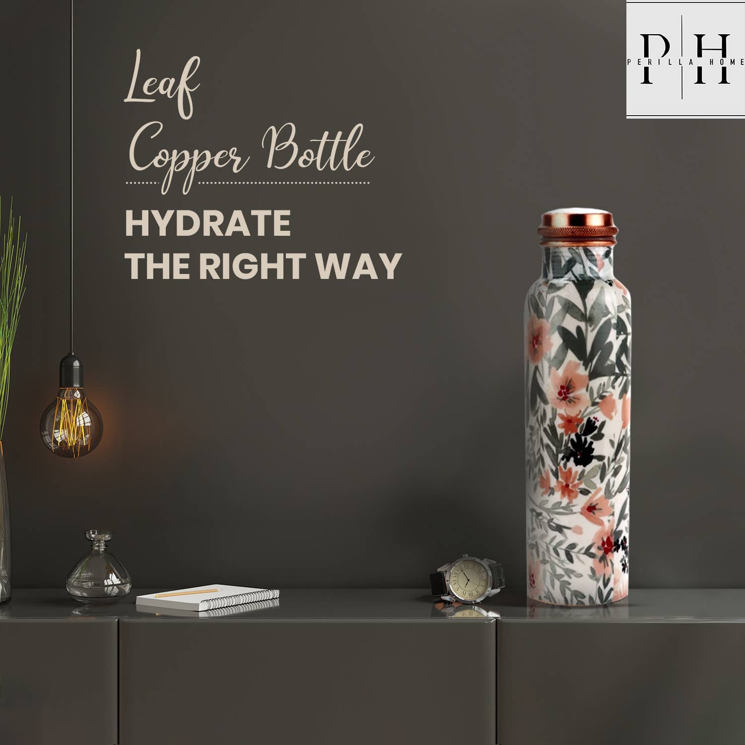 Pure Copper Water Bottle 34 oz - Leaf / Perilla