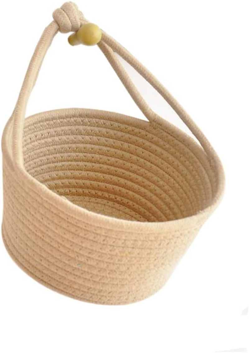 Personality Cotton Woven Fold Snacks Debris Sorting Storage Basket Hang Rope Woven Home Decor for Kids Room Decorative Perfect for Storing Small Household Items (Beige)