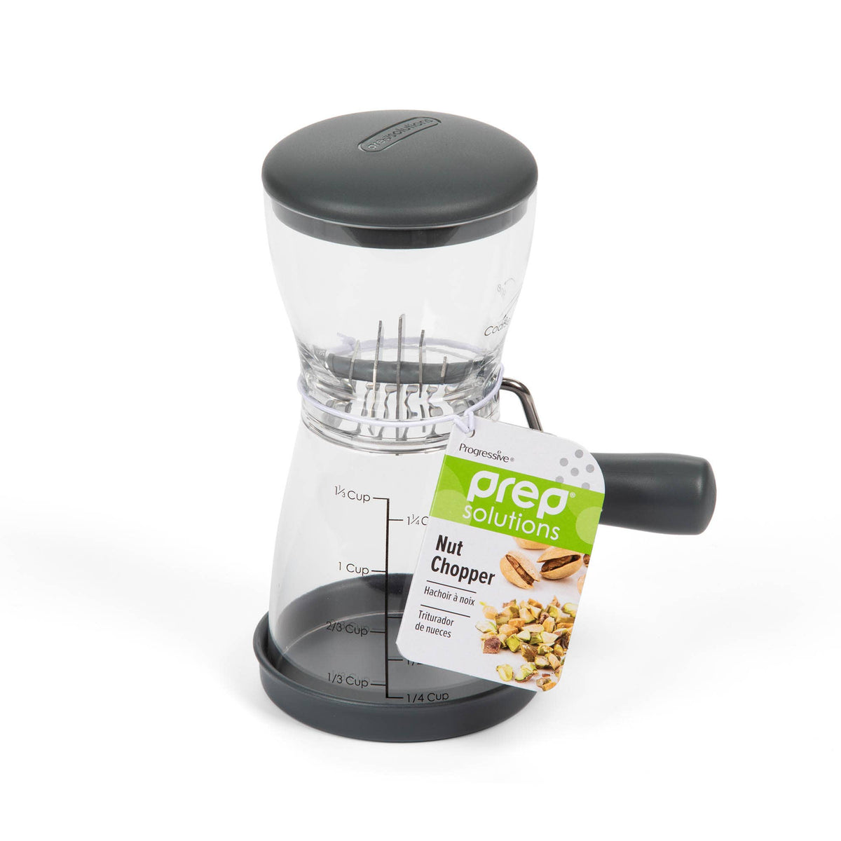 Progressive Prep  Solutions nut chopper with stainless steel blades visible, showing the fine and coarse grinding mechanism detail.