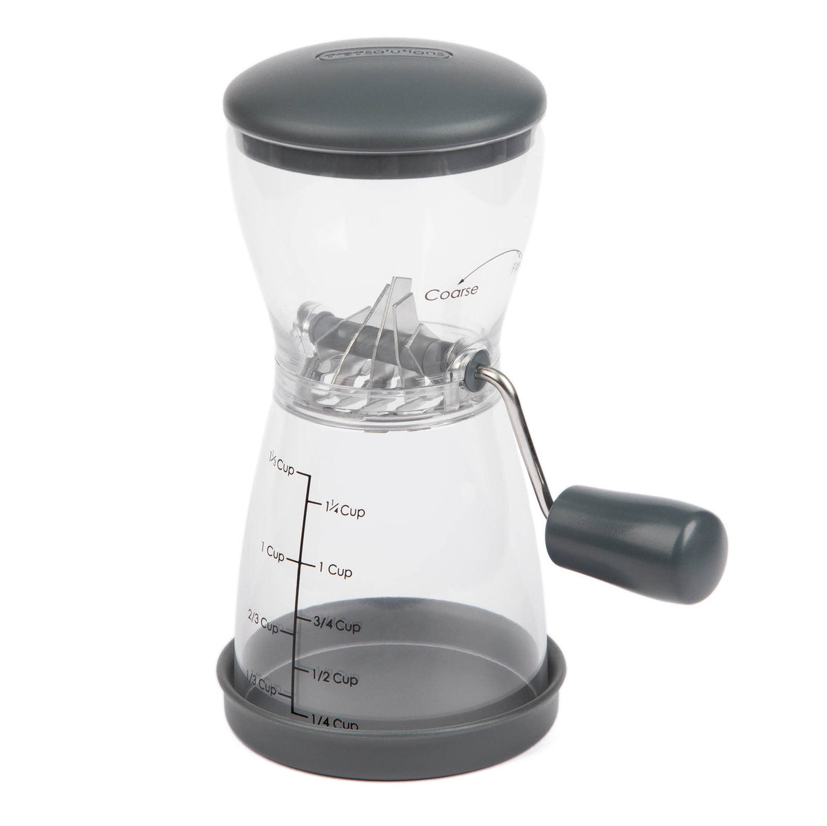Progressive PrepSolutions 1⅓-cup nut chopper with clear BPA-free body, gray lid, non-skid base, crank handle, and measurement markings, displayed on a white background.