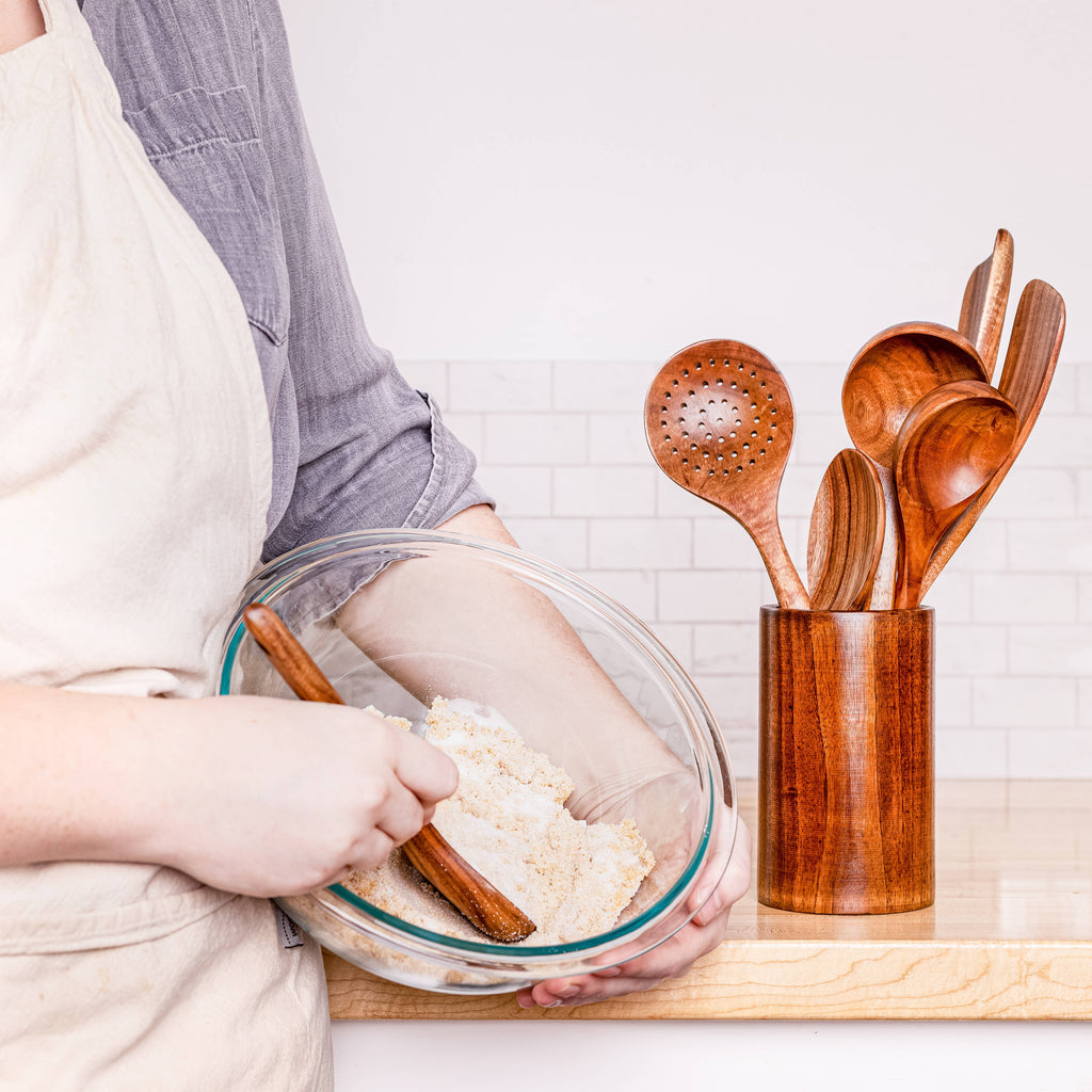 Teak Wood Handmade Kitchen Utensil Set with Holder | 7-Piece | Includes FREE Handmade Bowl Cozy