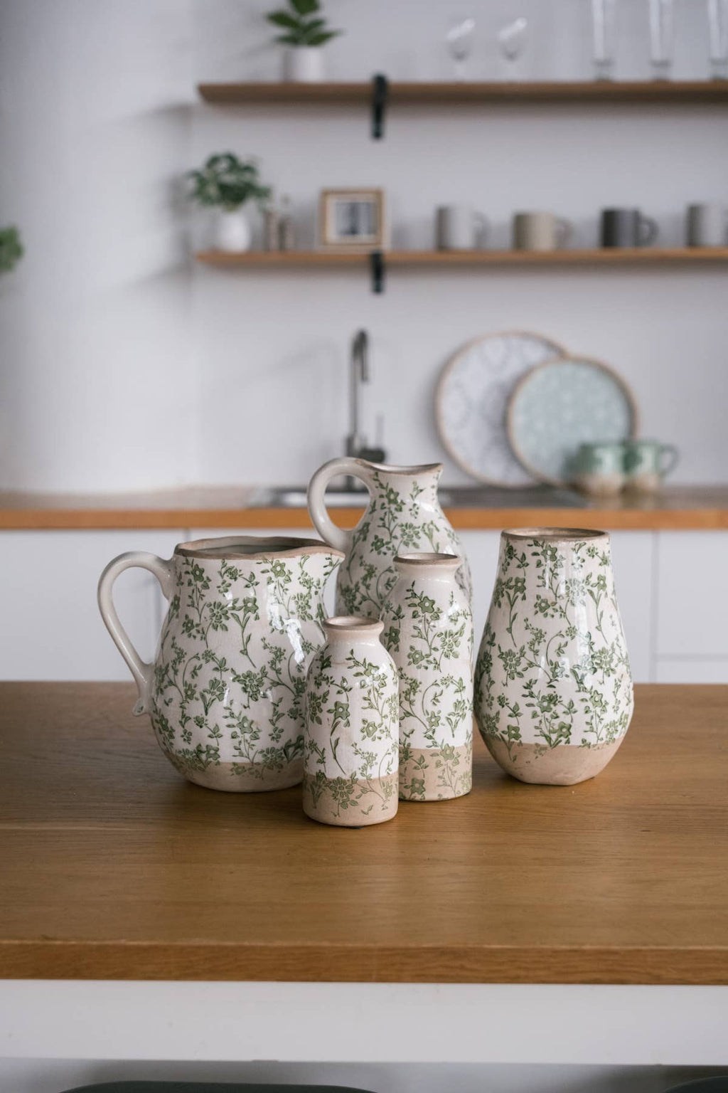 Cottage Bloom Tall Green Floral Pitcher