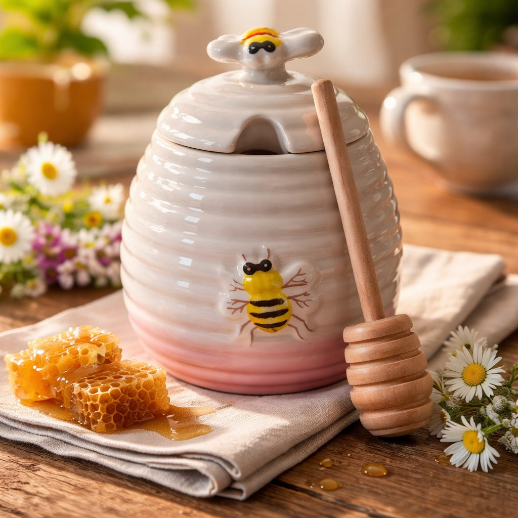 Charming Beehive Honey Pot with Wooden Dipper, Porcelain