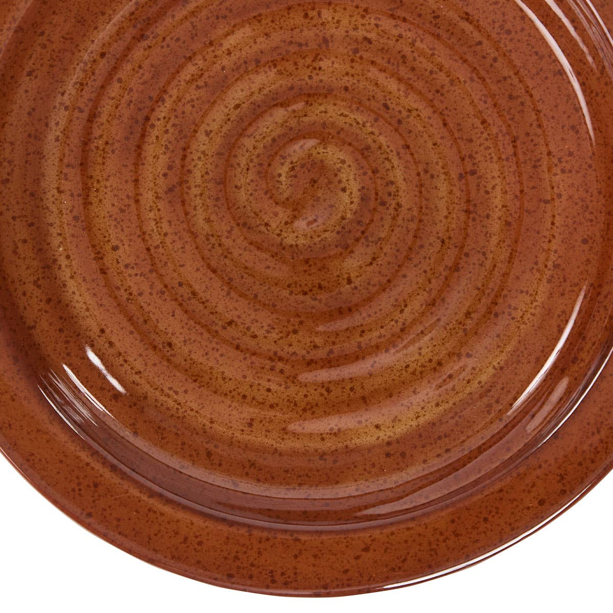 Close-up of Park Designs Sinclair Tomato Soup salad plate showing rich russet reactive glaze with speckled texture and spiral detail"