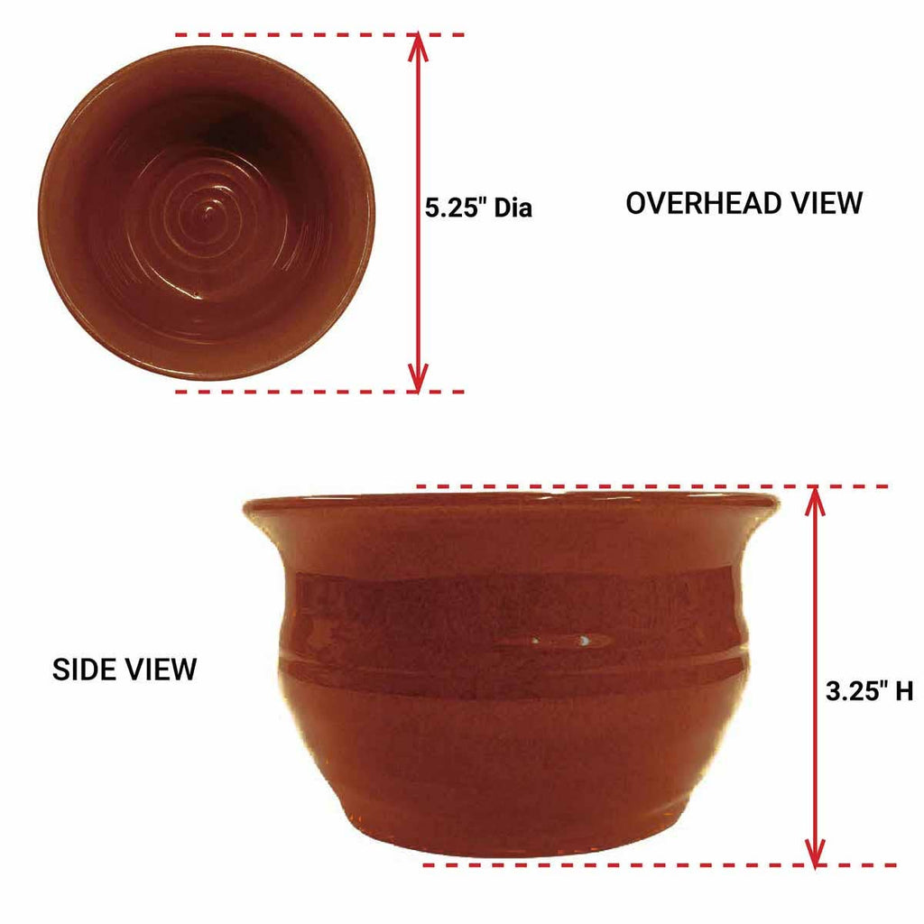 Park Designs Sinclair Tomato Soup cereal bowl dimensions — 5.25 inch diameter, 3.25 inch height, overhead and side view"