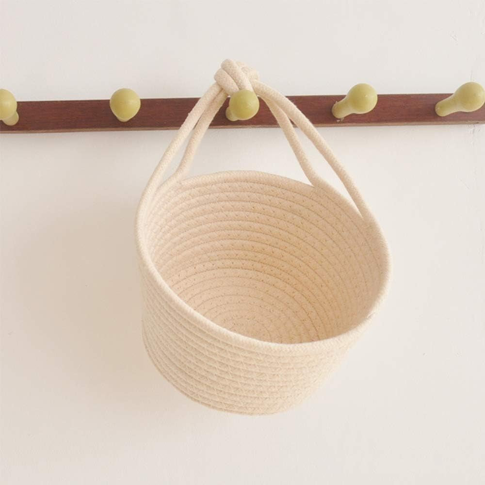 Personality Cotton Woven Fold Snacks Debris Sorting Storage Basket Hang Rope Woven Home Decor for Kids Room Decorative Perfect for Storing Small Household Items (Beige)