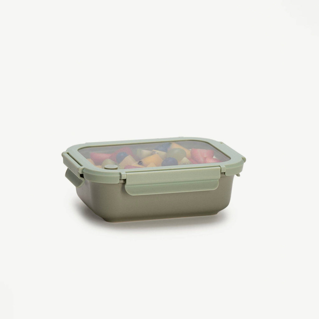 Rectangular food storage container with a lid on a white background