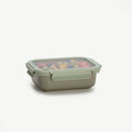 Rectangular food storage container with a lid on a white background