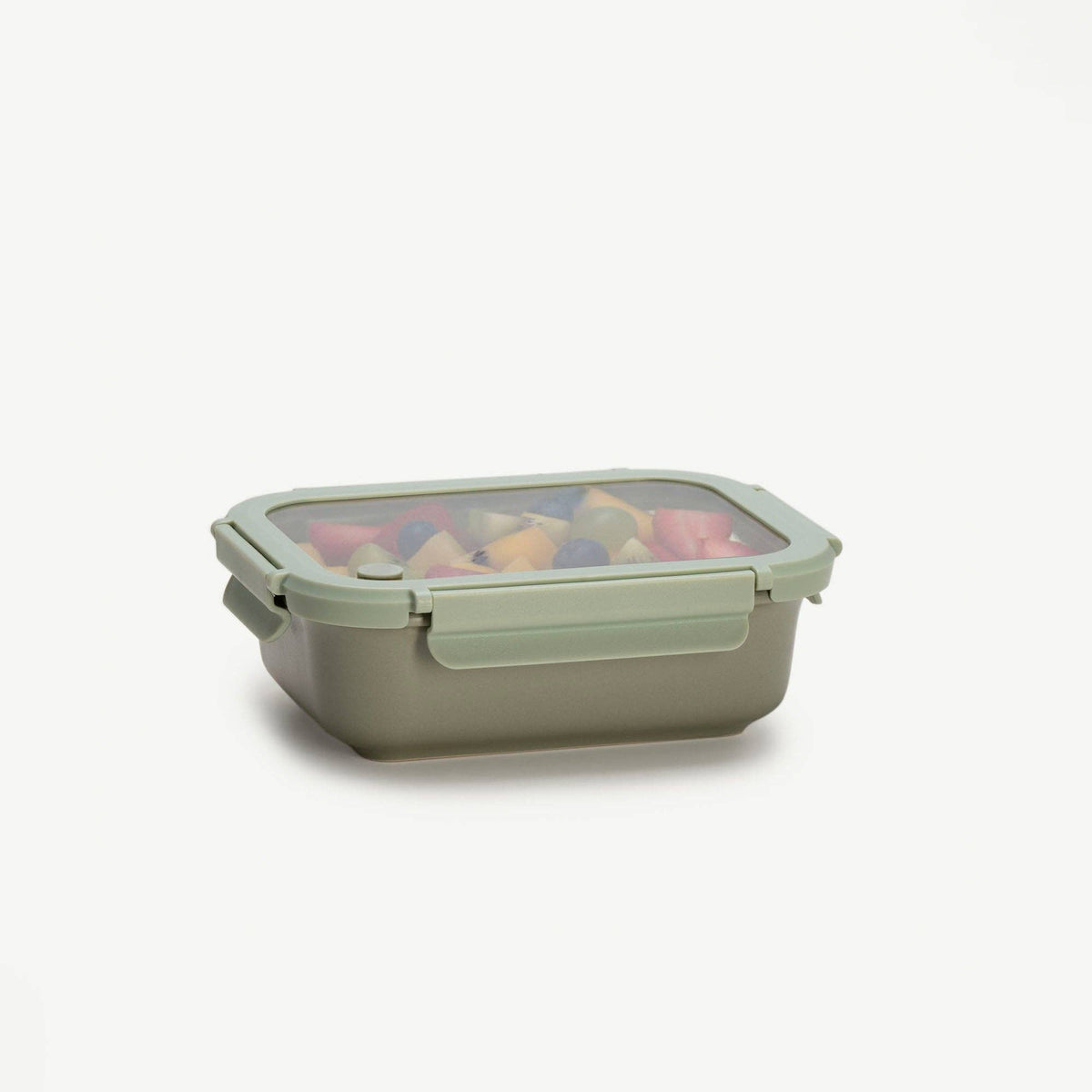 Rectangular food storage container with a lid on a white background