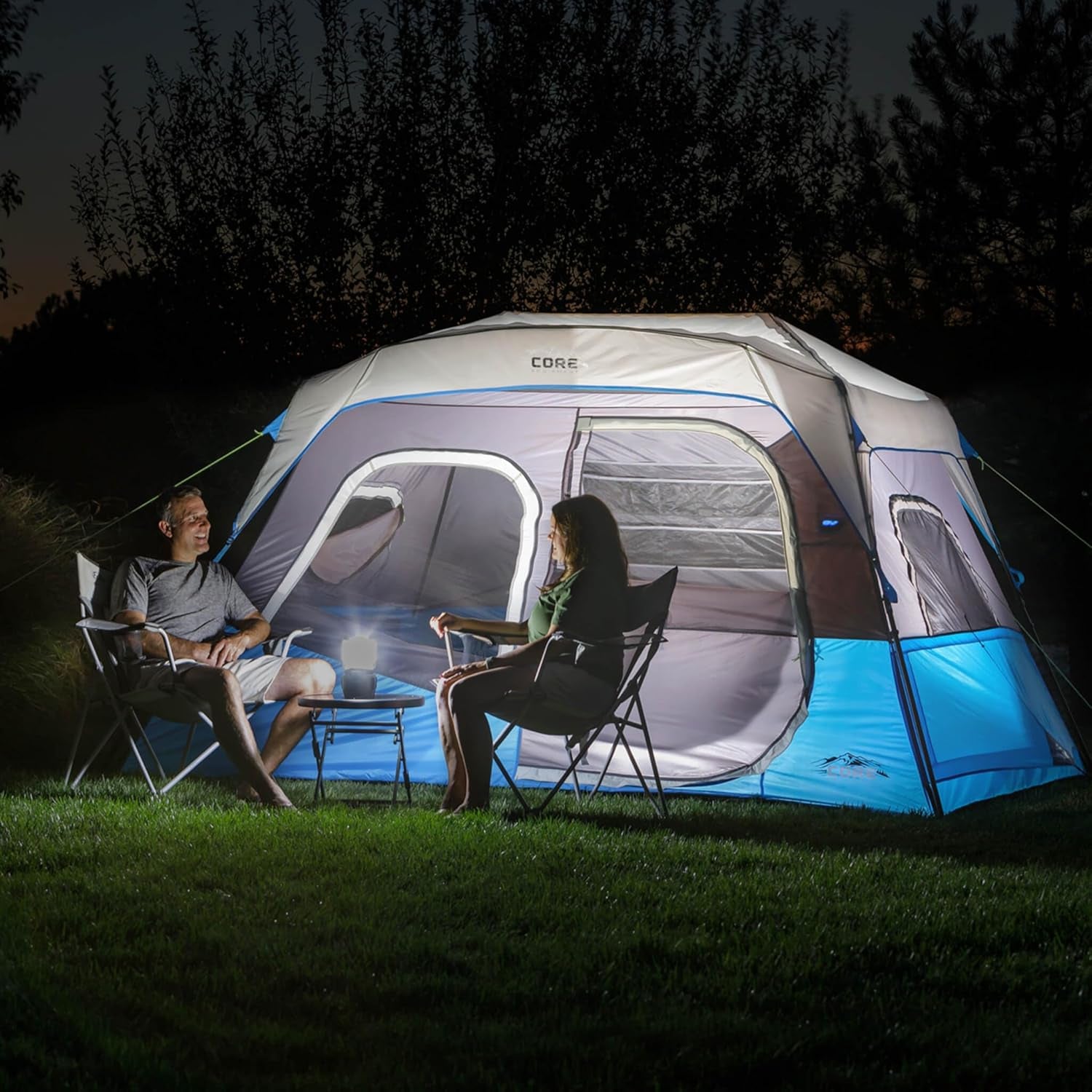Instant Cabin Tents with LED Lights | 6 Person / 9 Person / 12 Person Family Multi Room Lighted Pop up Tents for Camping | Included Storage Pockets for Camping Accessories