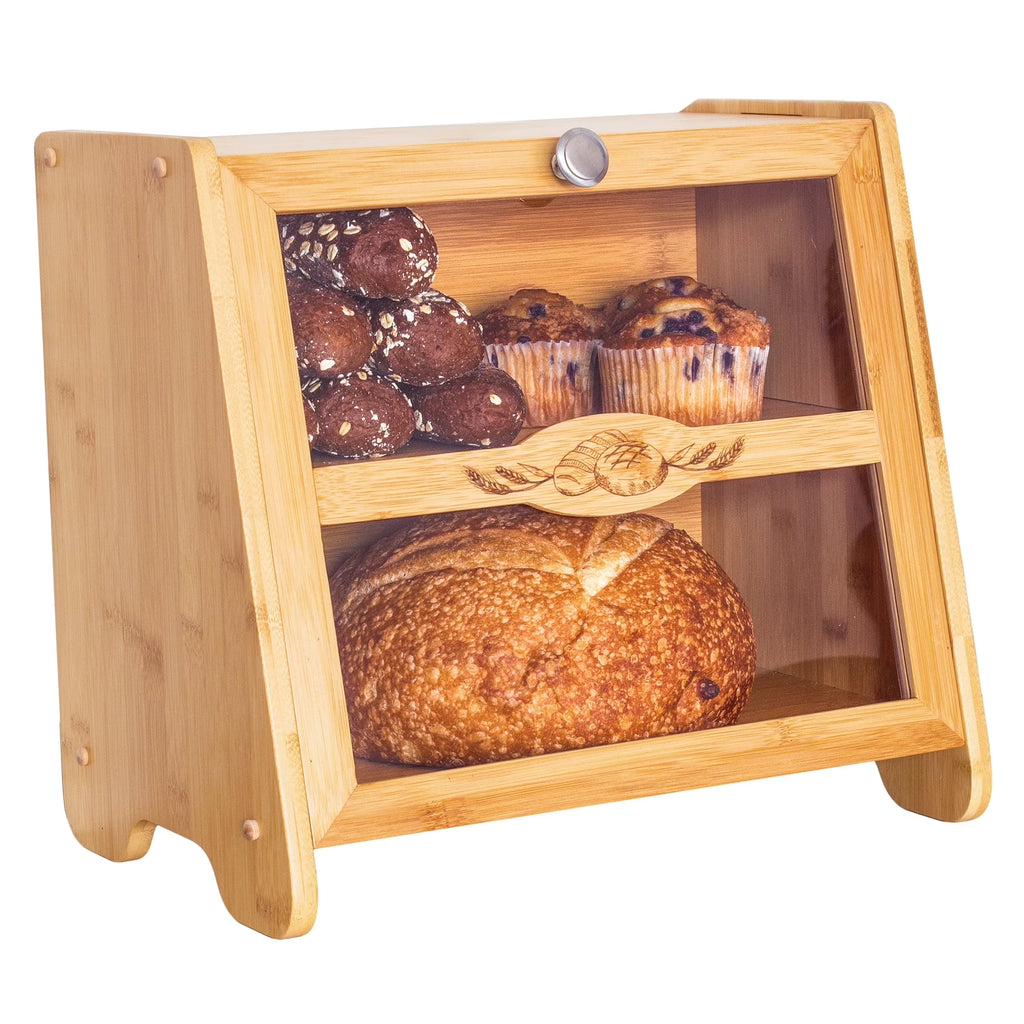 Double Layer Farmhouse Style Bamboo Bread Box with Window