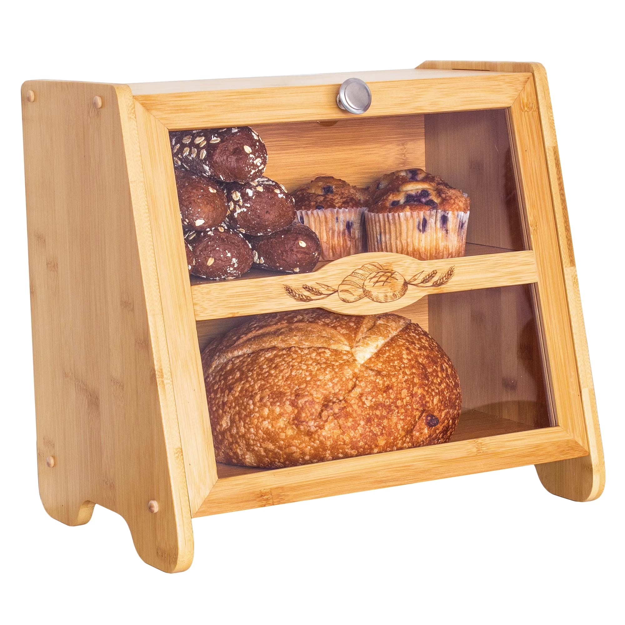 Double Layer Farmhouse Style Bamboo Bread Box with Window