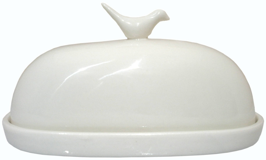 White Porcelain Butter Dish with Hummingbird Detail