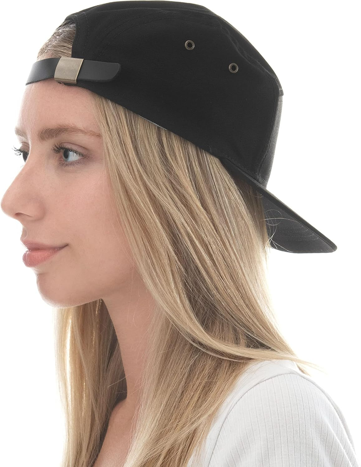 Made in USA Cotton Twill 5 Panel Flat Brim Genuine Leather Brass Biker Board Cap