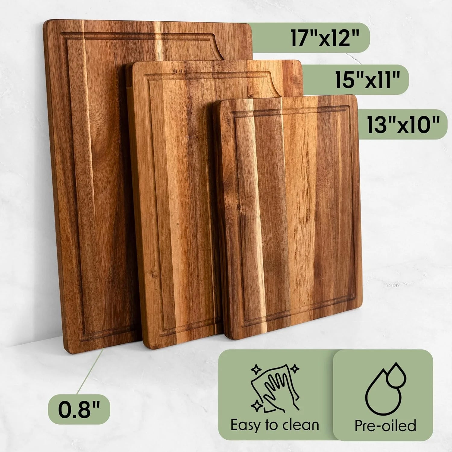 Cutting Board Set of 3 -Acacia Wood | Non-Toxic Cutting Boards with Wooden Holder, Non-Slip Silicone Pads, Deep Juice Grooves & Handles | Ideal for Meat, Veggies & Charcuterie – Elegant Kitchen Gift