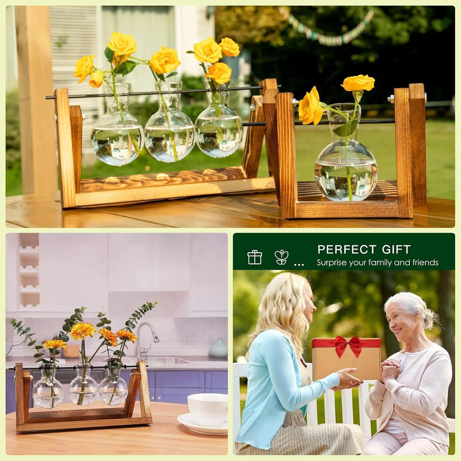 Plant Terrarium Propagation Station - 3 Glass Bulb Vases with Retro Wooden Stand Boho Desktop Planter for Hydroponics Home Garden Indoor Home Office Decor Unique Gifts for Women & Plant Lovers