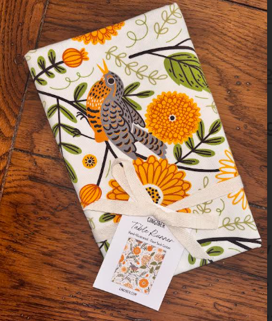 Gingiber Mums & Robins Table Runner | Artisan-Illustrated Cotton Table Decor