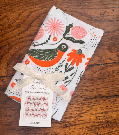 Gingiber Robin Bird Tea Towel | Artisan-Illustrated Cotton Kitchen Towel