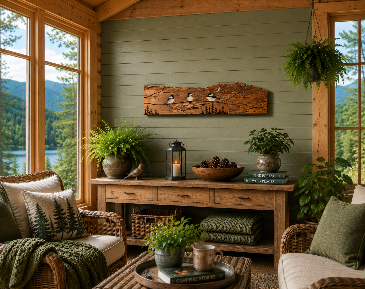 Chickadee Trio on Spalted Maple wood burn wall art by Adirondack Art Co. hung in a cozy log cabin sunroom above a rustic console table, with mountain lake views, ferns, and pine tree pillows