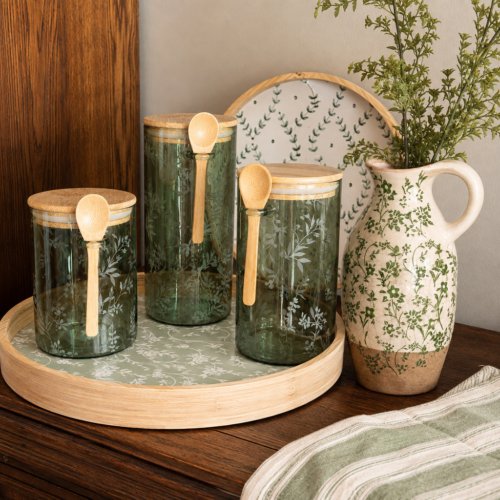 Botanical green kitchen gift set styled on dark wood sideboard featuring three sage green floral etched glass canisters with bamboo lids and wooden spoons on a round botanical print tray, a large arch botanical print tray, and a cream floral pitcher vase with green stems — The Everyday Shoppe"