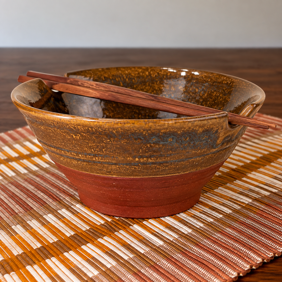 Terra Cotta Harvest handcrafted stoneware ramen bowl with wooden chopsticks resting across the rim on brown striped handloomed placemat on wood table — Ten Thousand Villages fair trade — Ramen Night In Collection"