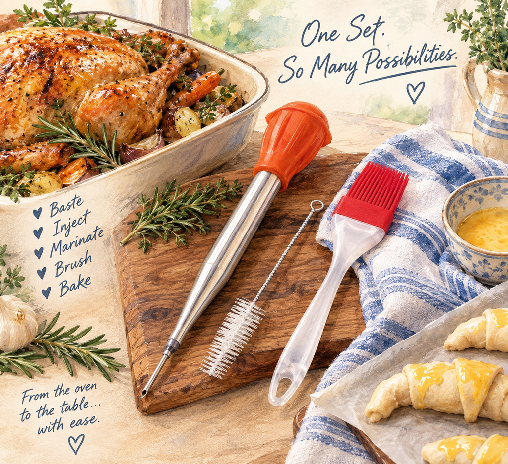 The Perfect Roast Kit laid out on a wood cutting board beside a roasting pan of golden chicken and freshly glazed croissants, showing the HIC baster, cleaning brush, and Mrs. Anderson's silicone pastry brush. Text reads "One Set. So Many Possibilities — Baste, Inject, Marinate, Brush, Bake."
