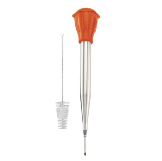 HIC roasting baster with red squeeze bulb, stainless steel tube, and needle attachment displayed with cleaning brush on a white background, showing all components of the baster set.