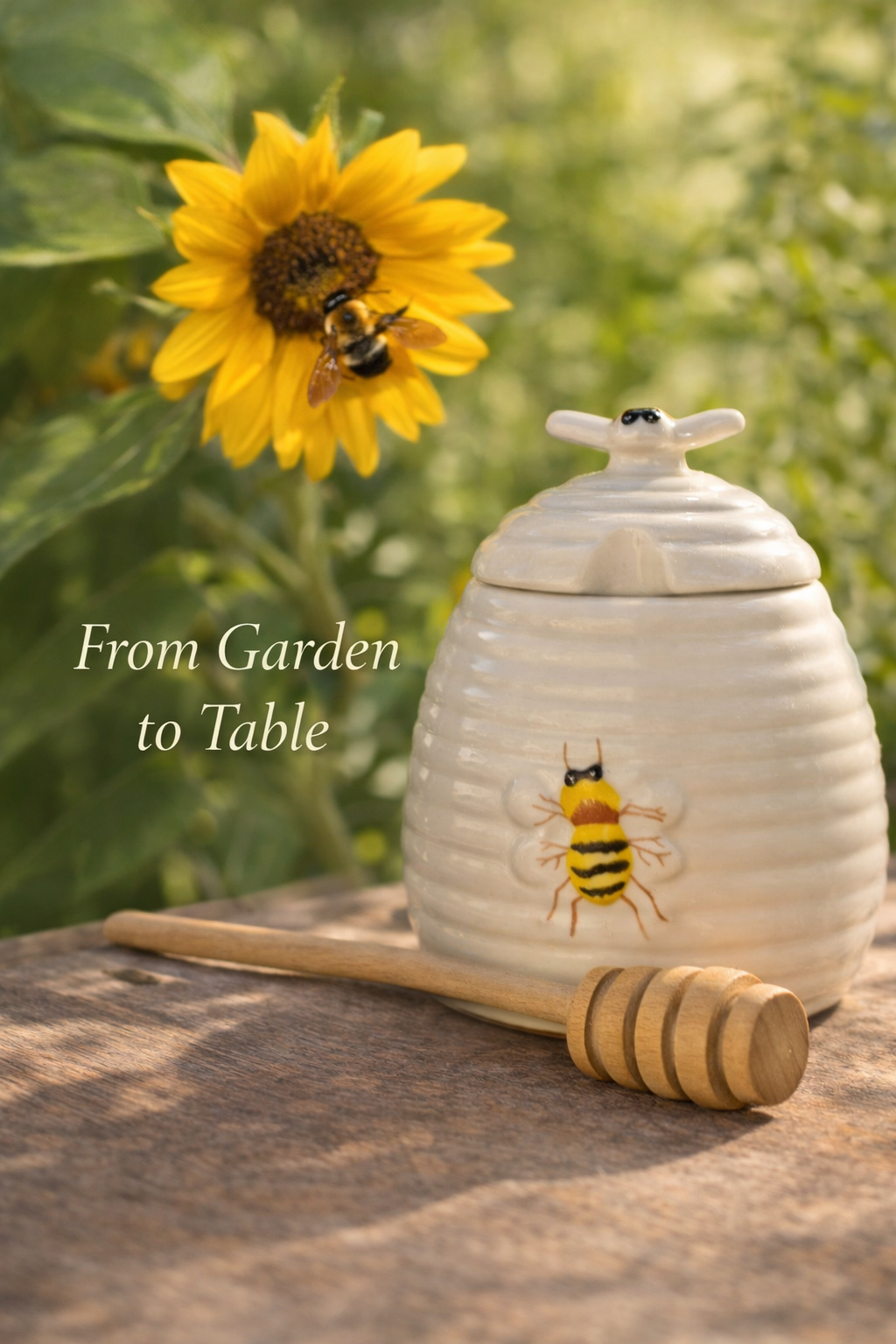 Charming Beehive Honey Pot with Wooden Dipper, Porcelain