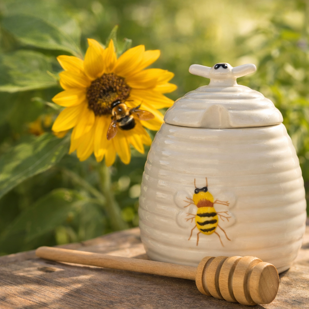 Charming Beehive Honey Pot with Wooden Dipper, Porcelain